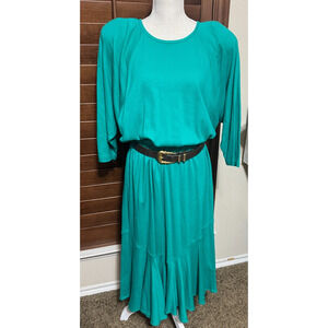 Vintage Choon of California 80's Green Dress 2X midi jersey knit western flare